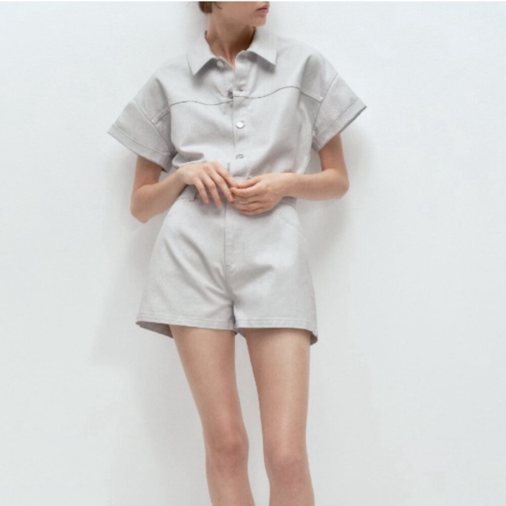 ZARA WOMEN FROST BLUE SHIMMERY DENIM ROMPER MEDIUM